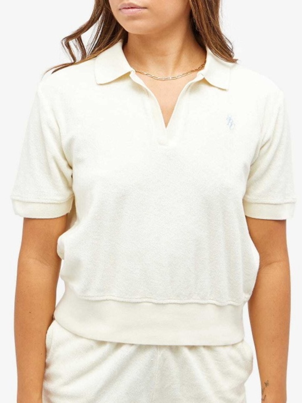 Sporty & Rich Club Embroidered Logo Collared Polo Terry Top in Milk/Blue